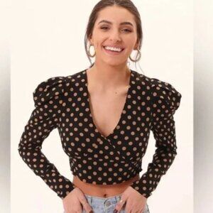 NWT MinkPink | Ayat Wrap Crop Top Black & Mocha Brown Polka Dot | Size Medium